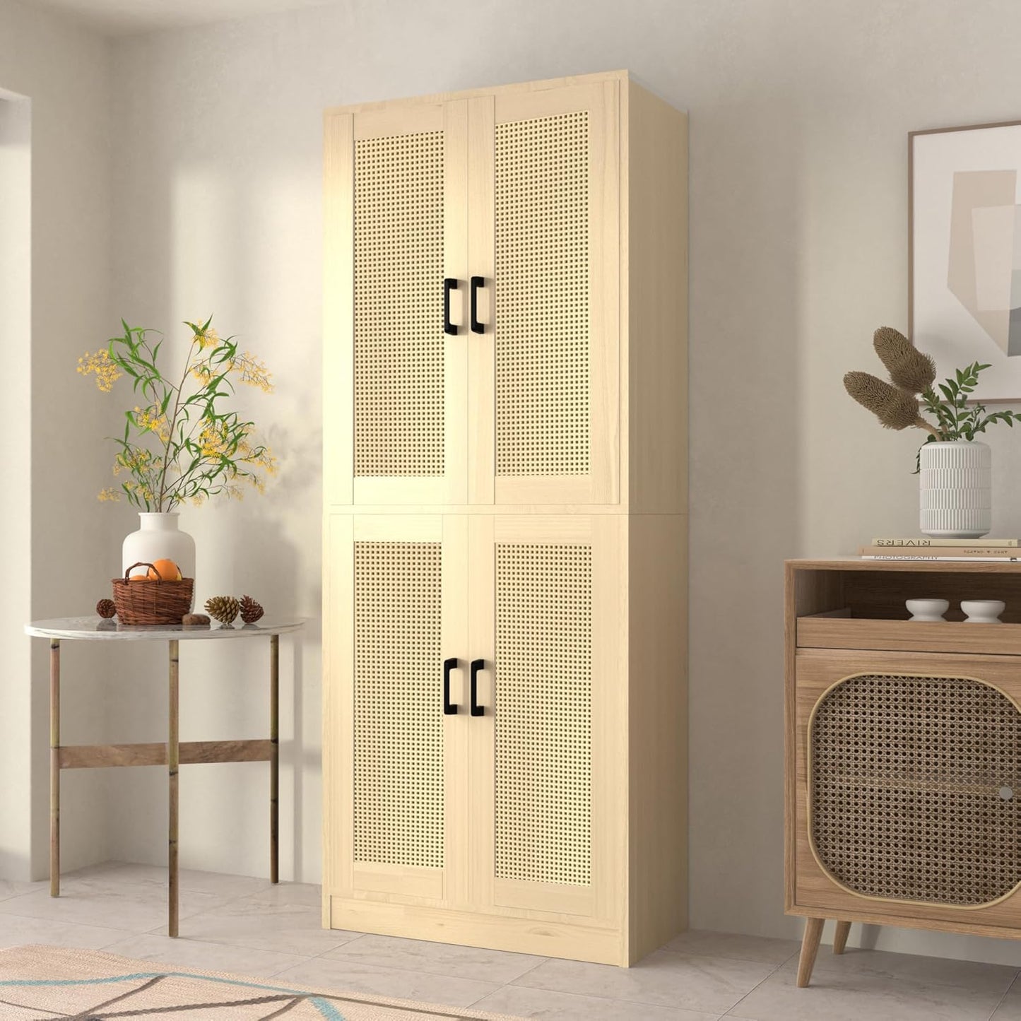 Oak Rattan Kitchen Pantry, 71" Tall Storage Cabinet with Doors, Boho Hutch for Dining Room