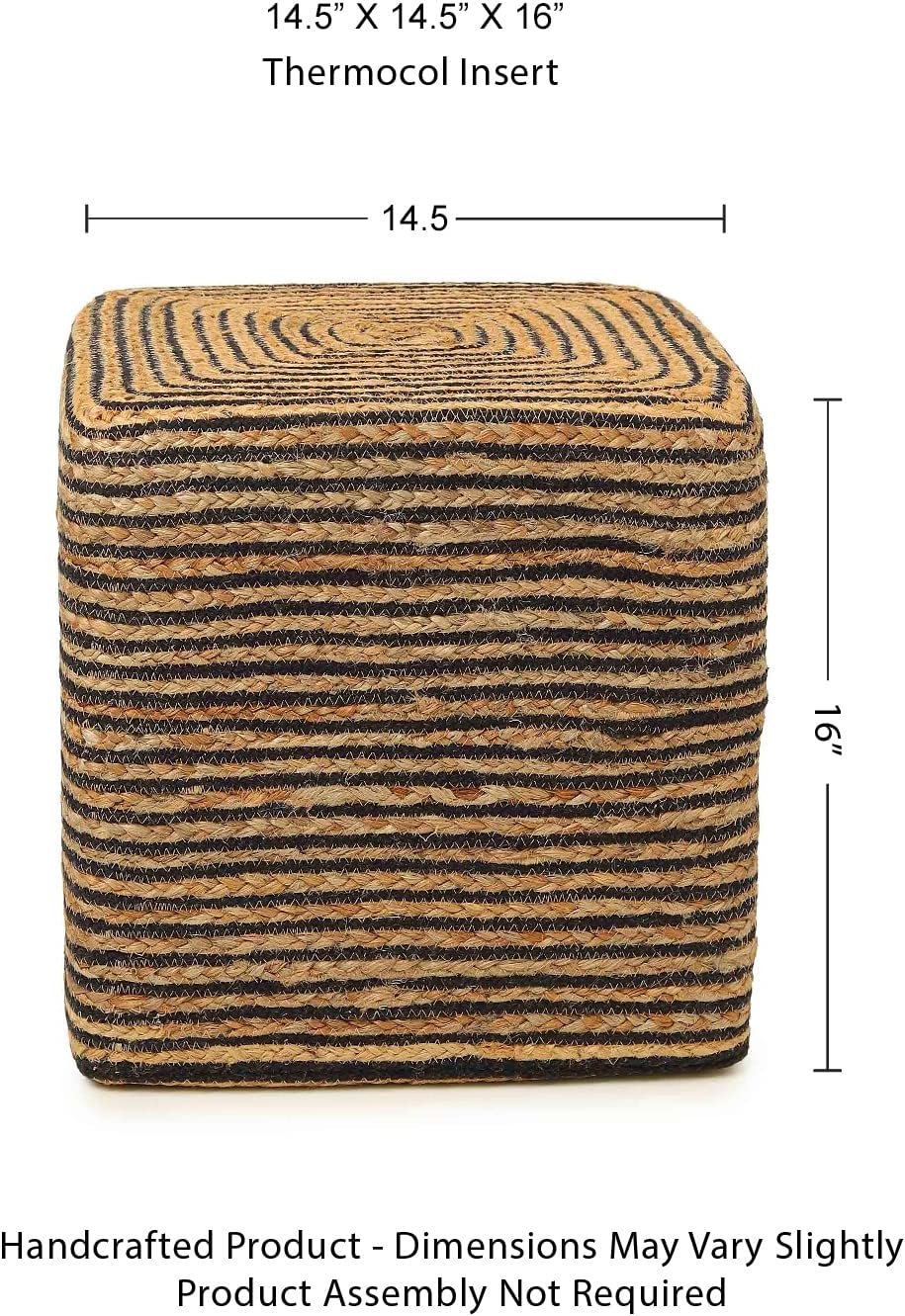 REDEARTH · Cube Pouf Foot Stool Ottoman - Jute Braided Pouffe Poof Accent Sitting Footrest for The Living Room, Bedroom, Nursery, Patio, Lounge 50% Jute 50% Cotton (14.5”x14.5”x16”; Natural Black)