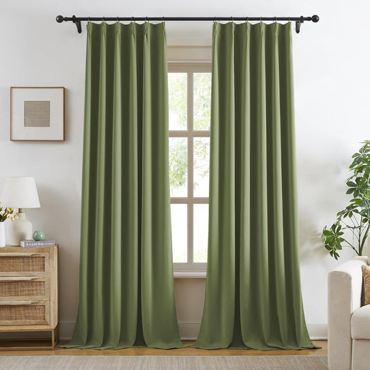 KangBang Pinch Pleated 108 Inch Blackout Curtains 2 Panels Set, Room Darkening Noise Canceling Polyester Window Treatments Elegant Memory Trained Drapes for Living Room Dining,40”Wx108”L, Sage Green