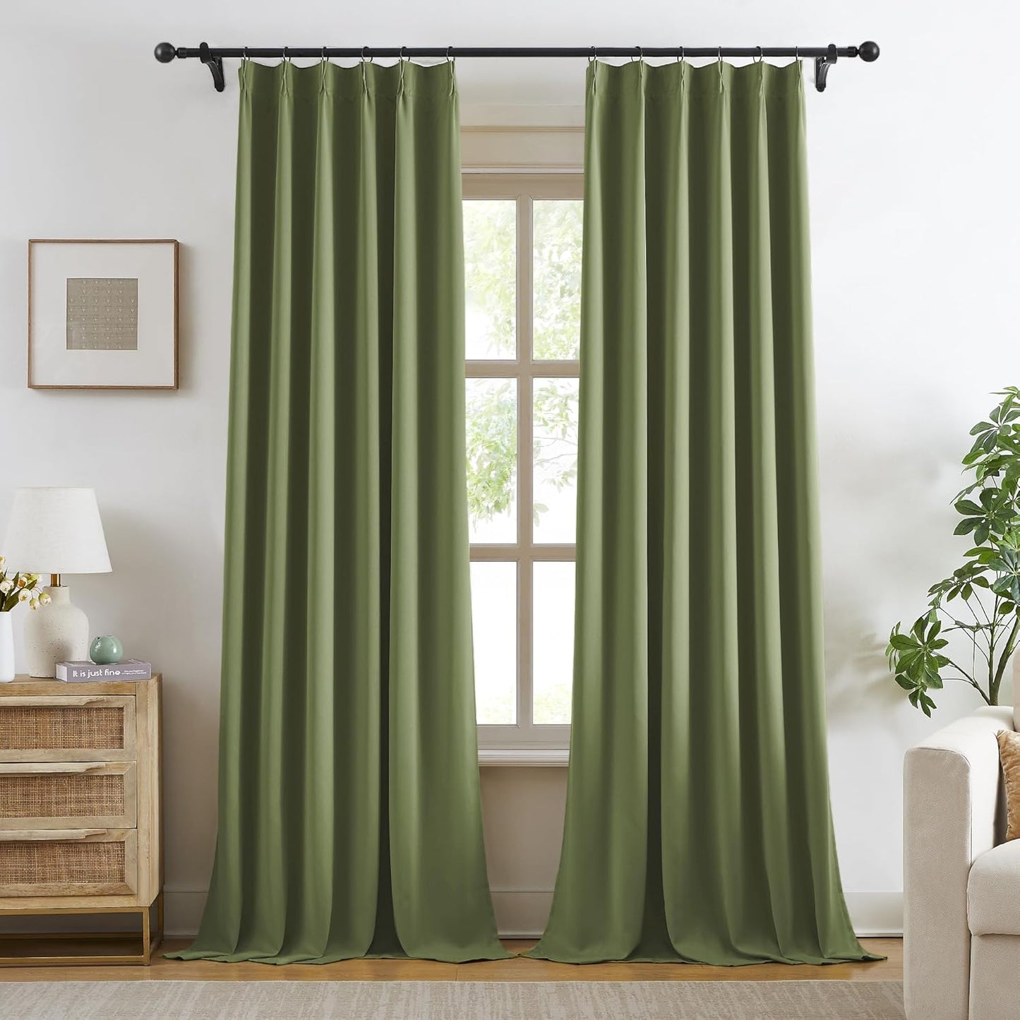 KangBang 60” Wide Sage Green Blackout Curtains 102 Inches Long, Pinch Pleated Thermal Insulated Sliding Door Curtains & Drapes for Living Room French Door, Elegant Modern Decor, 60x102 Inch,2 PCs