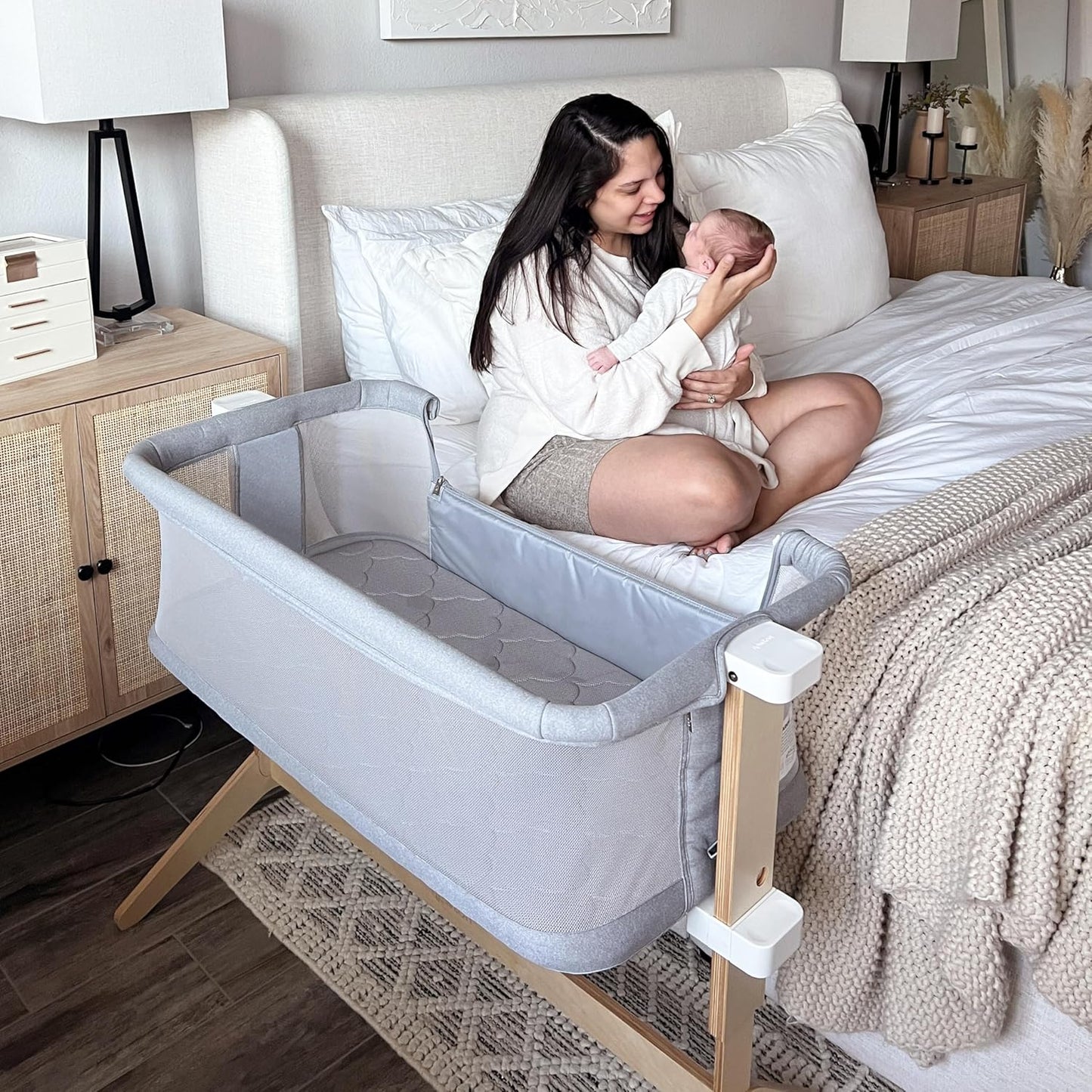 Newton Baby Bassinet & Bedside Sleeper with Mattress & Sheet - Ultra-Breathable & Completely Washable, Removable Dual-Layer Cover | Solid Birch Frame Adjustable Height & Infant Access Opening