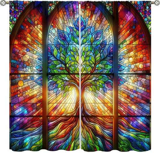 Stained Glass Curtains,Tree of Life Colorful Abstract Art Home Decor Drapes for Bedroom Living Room Kitchen Window Treatment 2 Panels Set Total Size 42" W X 63" L Inch