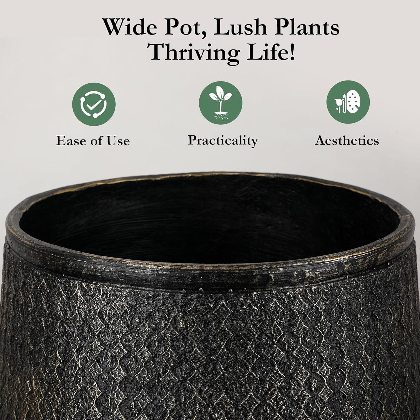 Worth Garden 12" Dia x 15" H Round Planter – Lightweight Magnesium Oxide Cement Plant Pot with Texture – Raised Pattern Concrete Look – Drainage Hole – Indoor & Outdoor Use - Black Gold