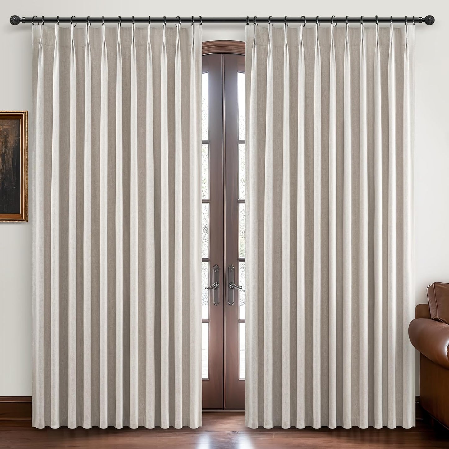 Curtains 100 Inch Length Extra Wide Pinch Pleated Blackout for Sliding Glass Door/Living Room, Farmhouse Natural Linen Thick Boho Bedroom Heavy Duty Insulated Large Window Drapes (100"Wx90"Lx2Panels)