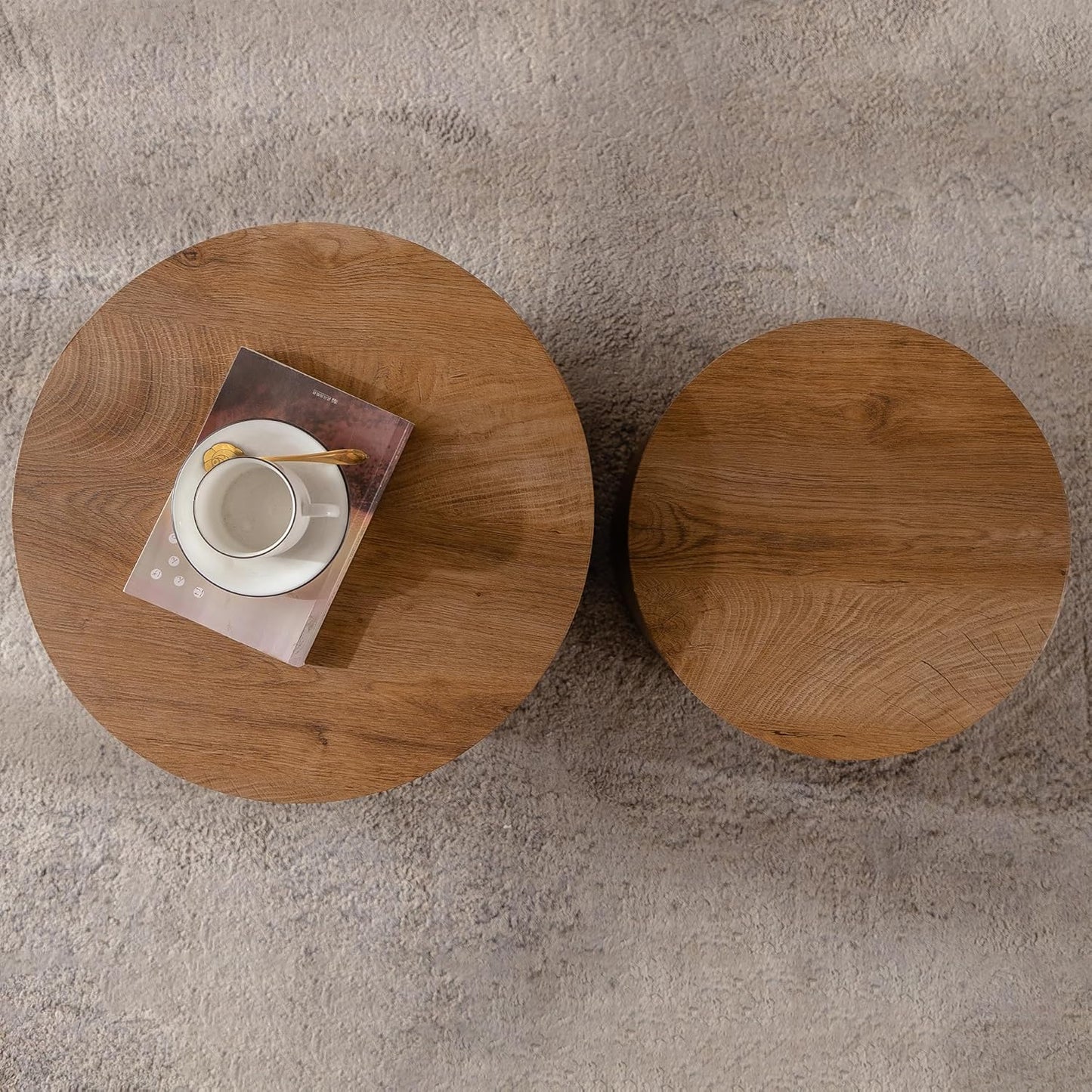 Nesting Round Coffee Table Set of 2, Small Circle Accent End Table for Small Spaces, Morden Drum Side Table, Wooden Center Table for Living Room, Fully Assembled - Light Walnut