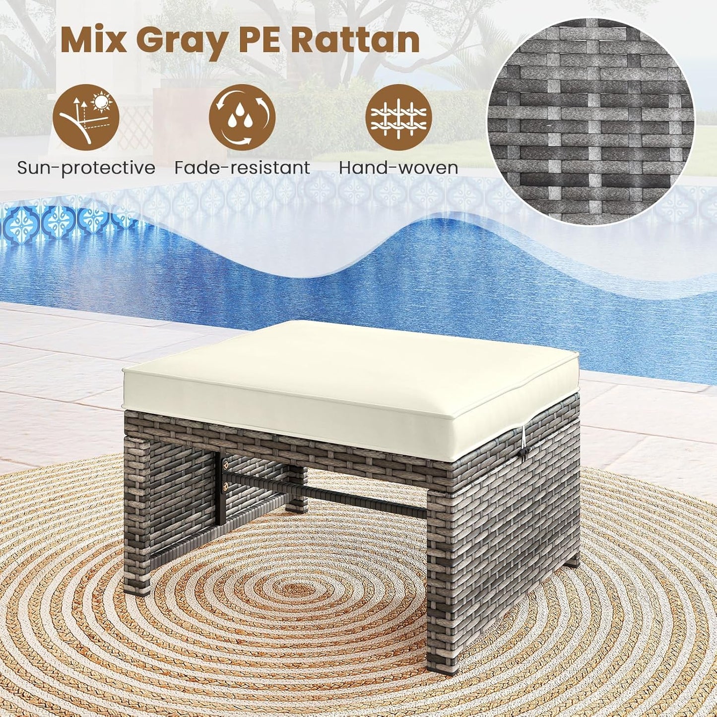 Tangkula 2 Pieces Patio PE Rattan Ottomans, Multipurpose Outdoor Footstool Footrest Additional Seating Side Table with Soft Zippered Cushions for Deck, Garden, and Yard (White)