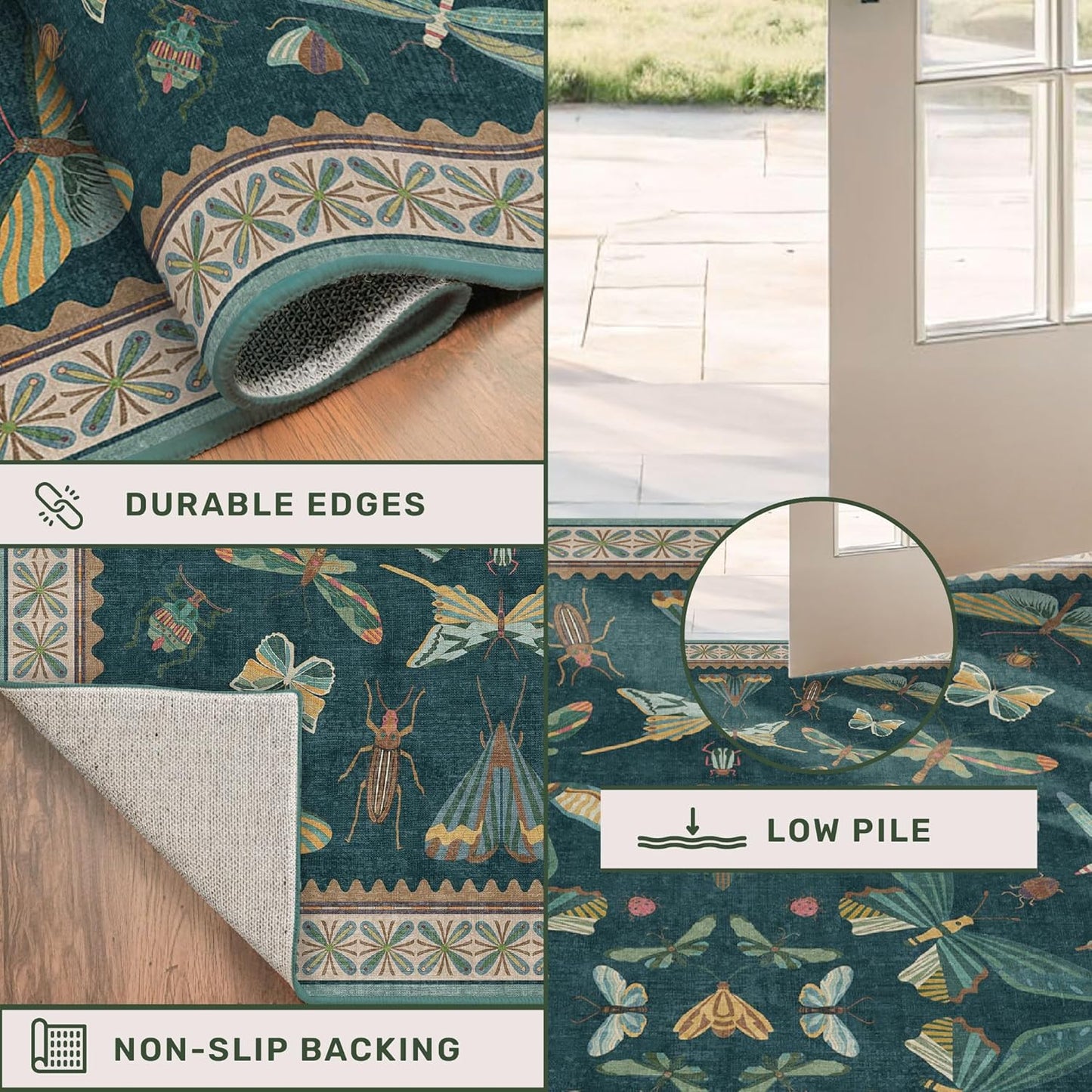 Dark Teal 4x6 Area Rugs for Door Mat Entrance - Vintage Floor Rug for Entryway, Mudroom Kitchen, Floral Forest Insect Print, Washable Low Pile Non-Slip Stain Resistant