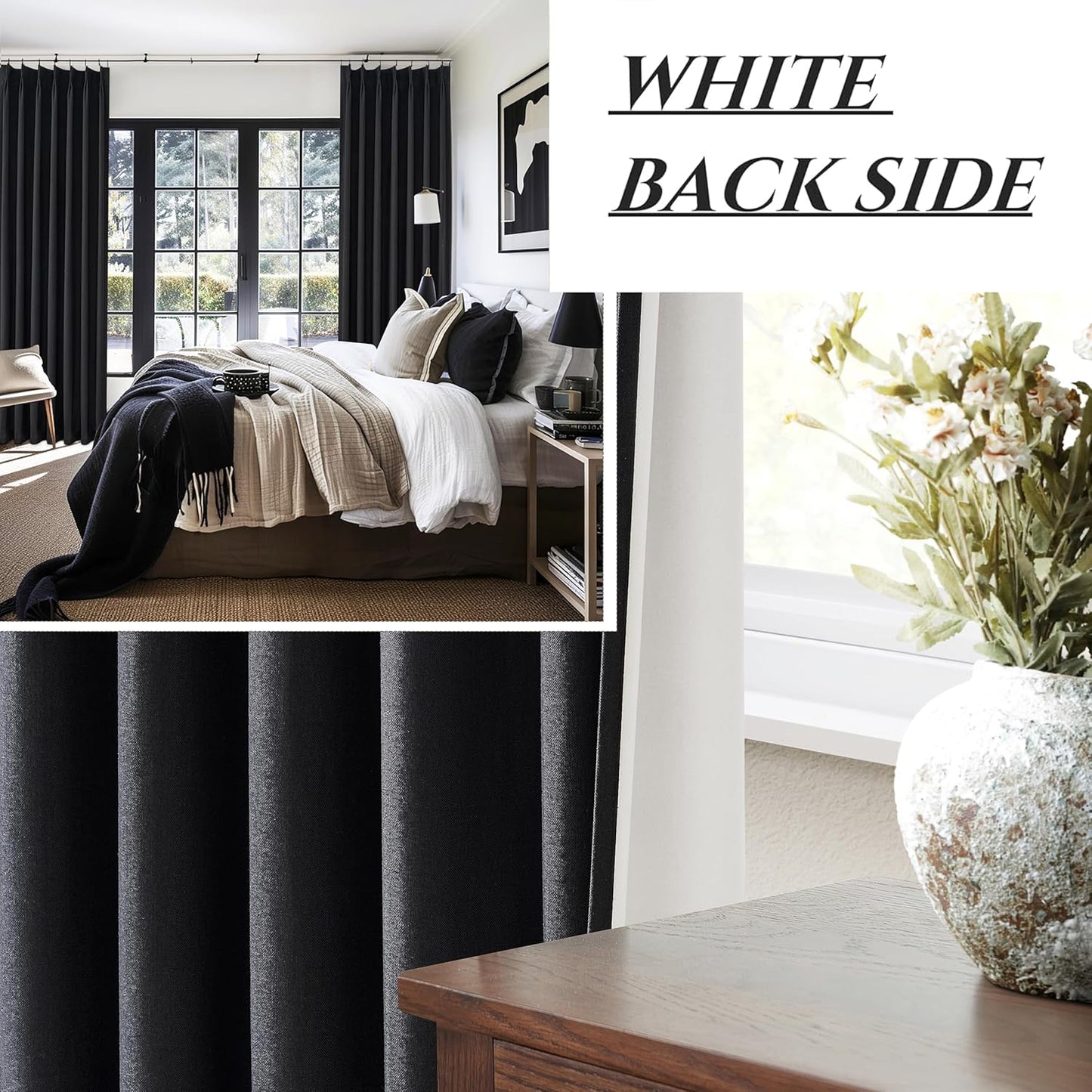 Black Out Kitchen Curtains 45 Inch Length 2 Panels Set, Mini Textured Linen Pinch Pleated Thick Drapes Room Darkening Insulated Black Small Window Curtain with Hooks Rings Back Tab 40"Wx45"L Blackout