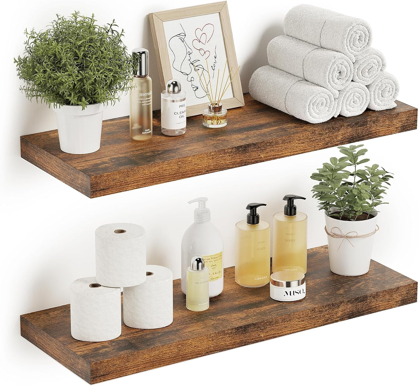 Floating Shelves for Wall 24 inchs Long, 9.1” Deep x 1.5” Thick Wall Shelves for Bedroom, Living Room, Bathroom，Kitchen, Office, Rustic Farmhouse Shelf Decor with Invisible Bracket, Set of 2