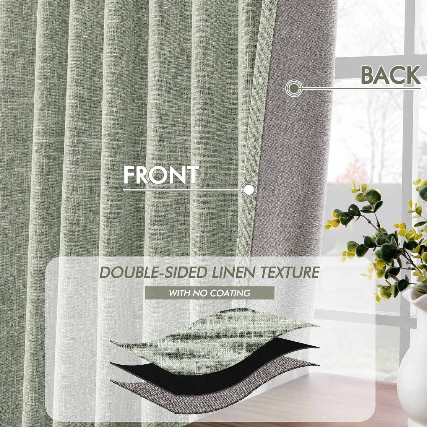 MIULEE Sage Green 100% Blackout Linen Curtains 120 Inch 2 Panels Set Double Sided No Coating Pinch Pleated Back Tab Black Out 10 FT Extra Long Thermal Insulated Bedroom Living Room Darkening Drapes