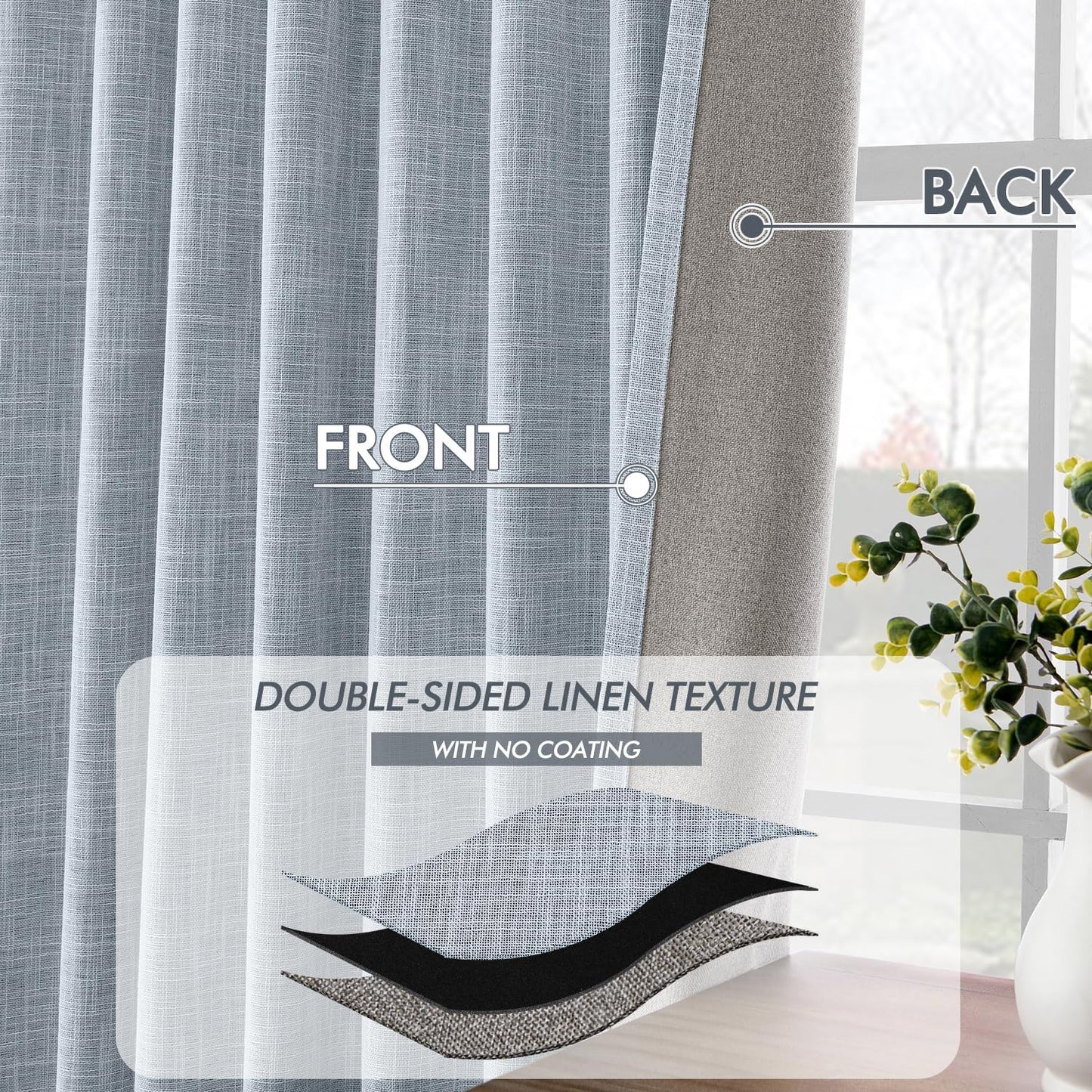 MIULEE Light Blue 100% Blackout Linen Curtains 120 Inch 2 Panels Set Double Sided No Coating Pinch Pleated Back Tab Black Out 10 FT Extra Long Thermal Insulated Bedroom Living Room Darkening Drapes