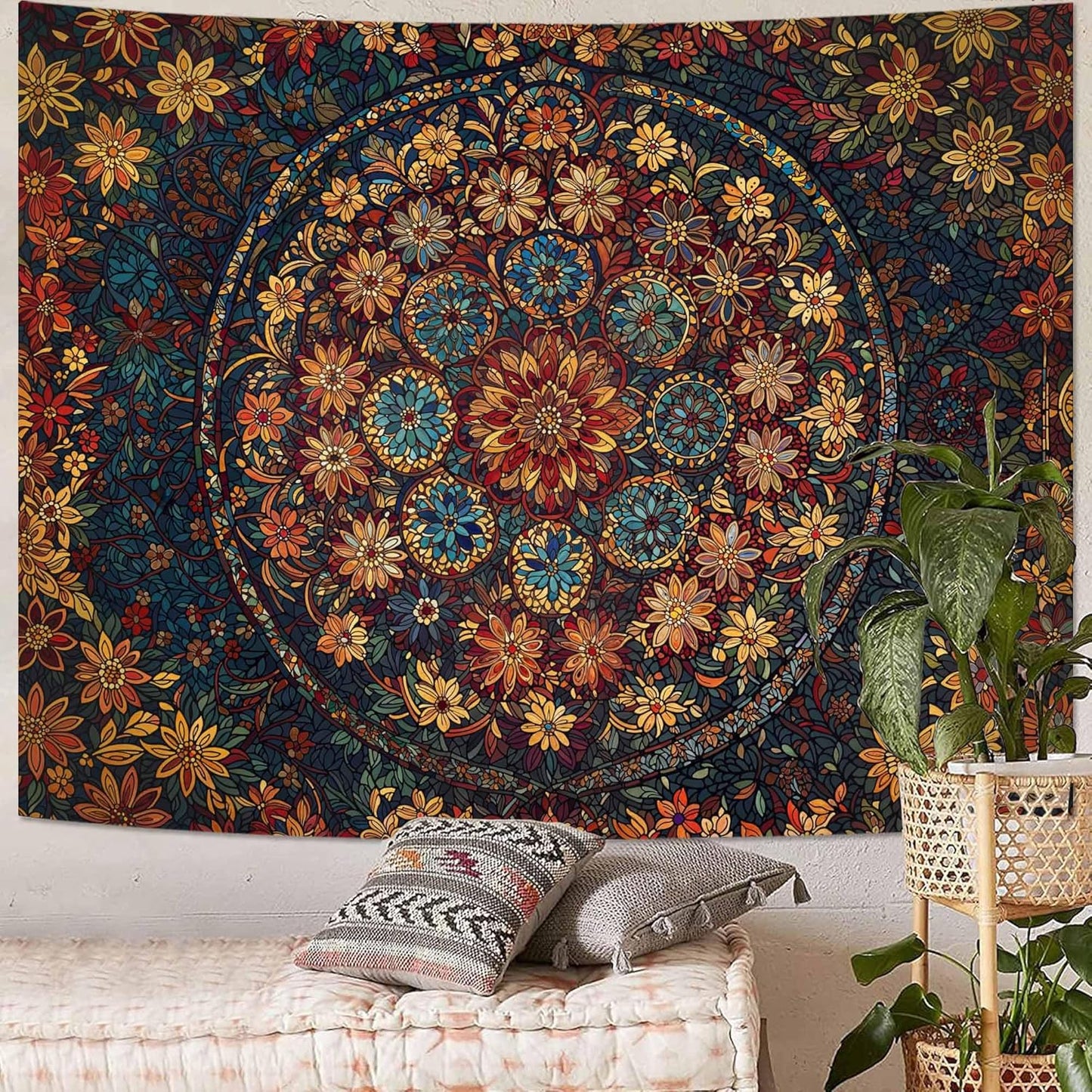 Fowocu Boho Floral Mandala Tapestry Wall Hanging Vintage Bohemian Flower Medallion Tapestry Aesthetic Orange Stained Glass Hippie Extra Large Tapestries for Bedroom Living Room Dorm Decor 90 x 68 Inch