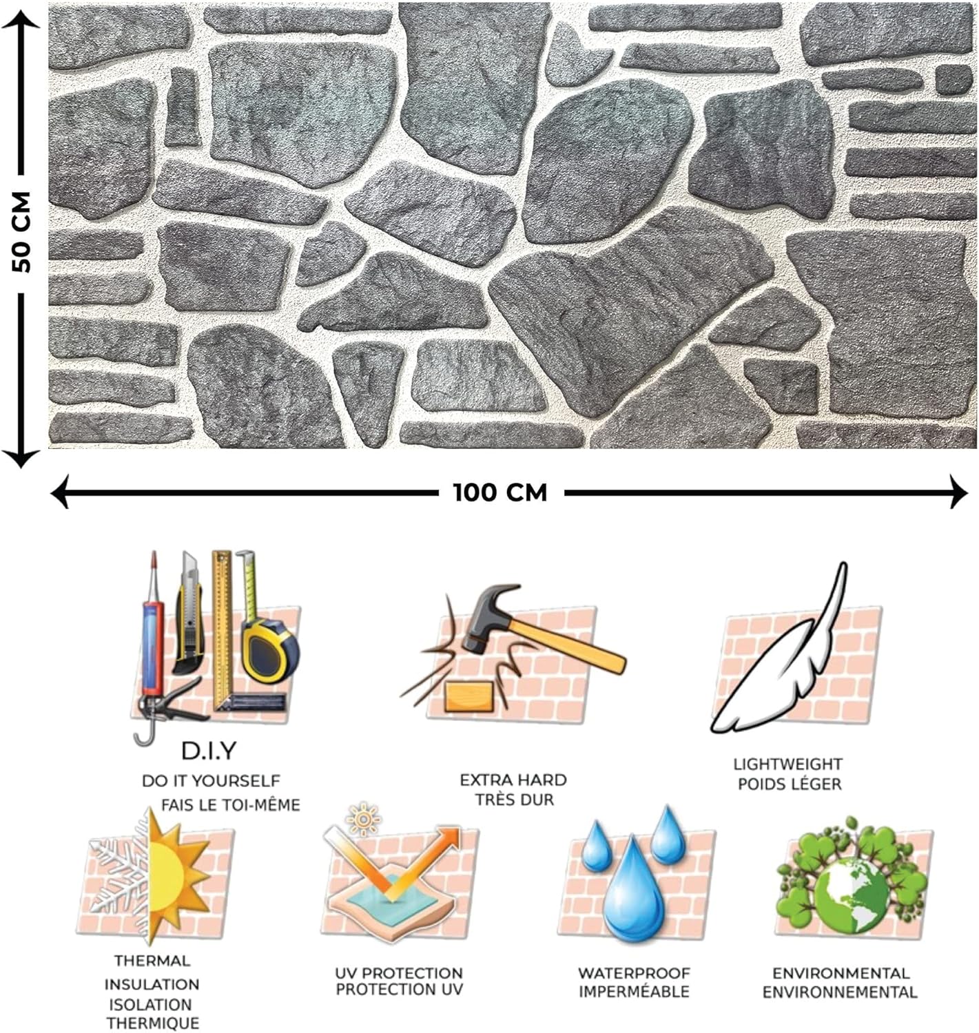 Dundee Deco 3D Wall Panels - Cladding Bluish Grey White Stone Look Wall Paneling, Styrofoam Facing for Interior and Exterior Applications, DIY, Sample, Size 10 x 10 in.