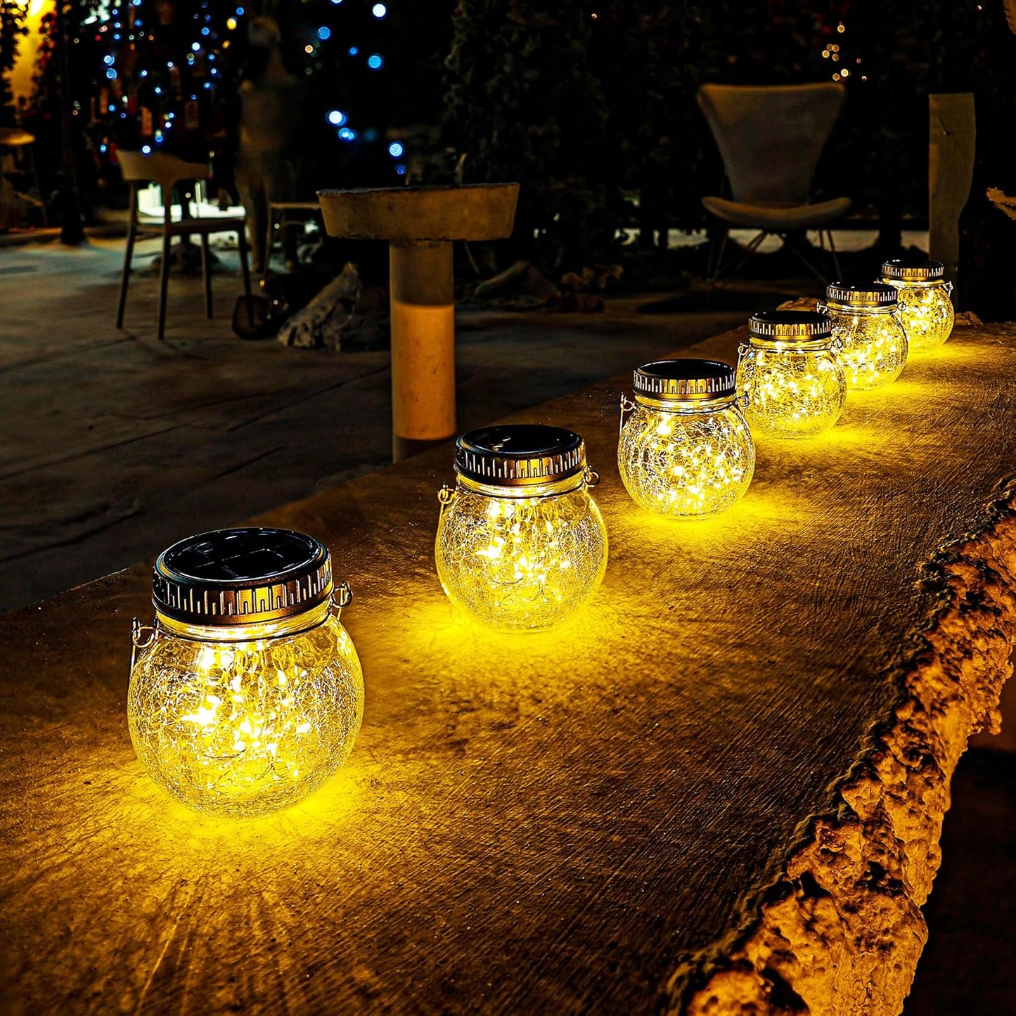 Cooo 2 Pack Crackle Glass Solar Lantern with 30 LED Firefly Lights– Waterproof Outdoor Hanging Lamp 215% Larger Solar Panel, Anti-Rust Lids Decorative Lighting for Garden Patio Table