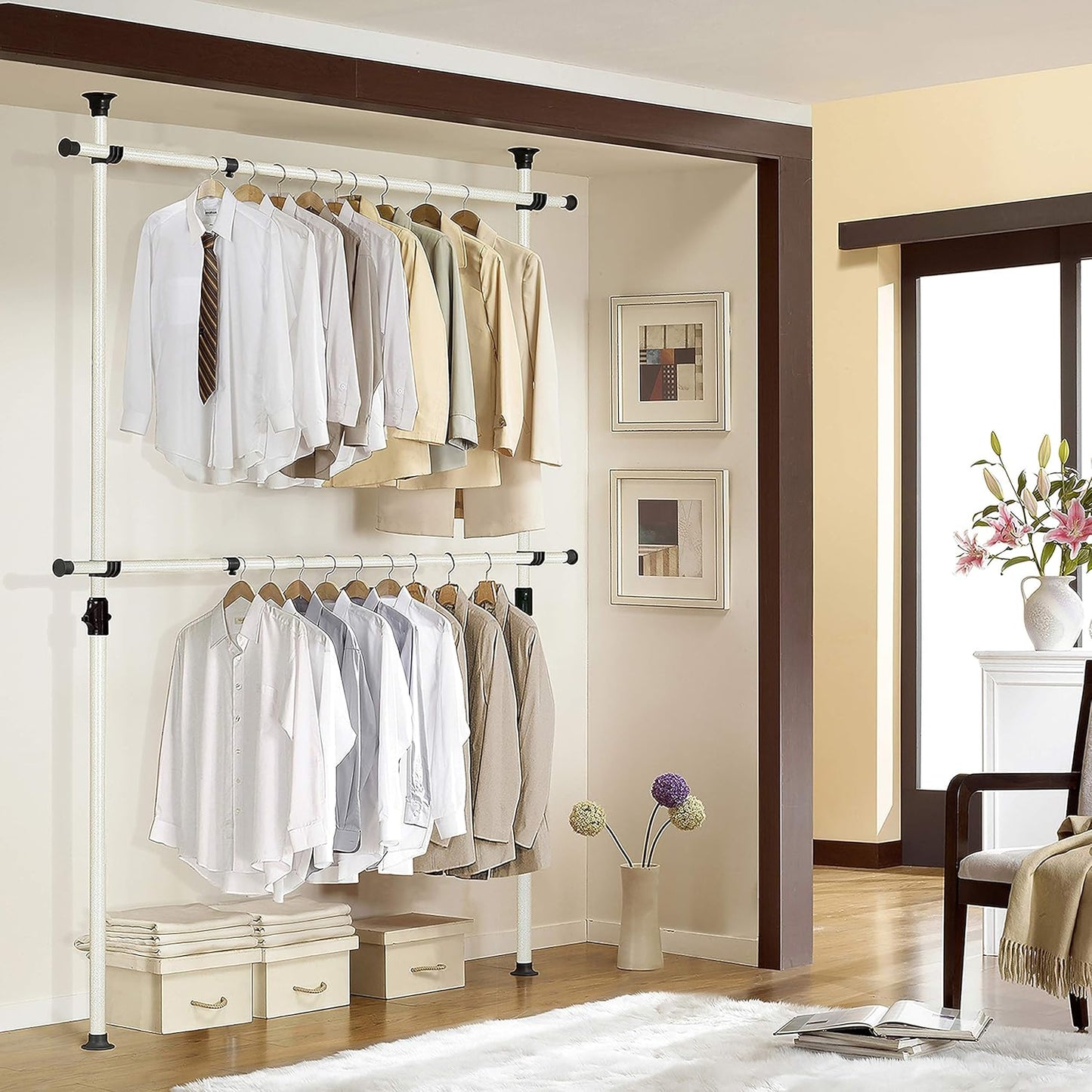 PRINCE HANGER Rack Heavy Duty One Touch System Load 352LBS Clothing Racks for Hanging Clothes Metal Closet Garment Closet system Tension Rod Free Standing Ivory Width Adjustable PHUS-0023