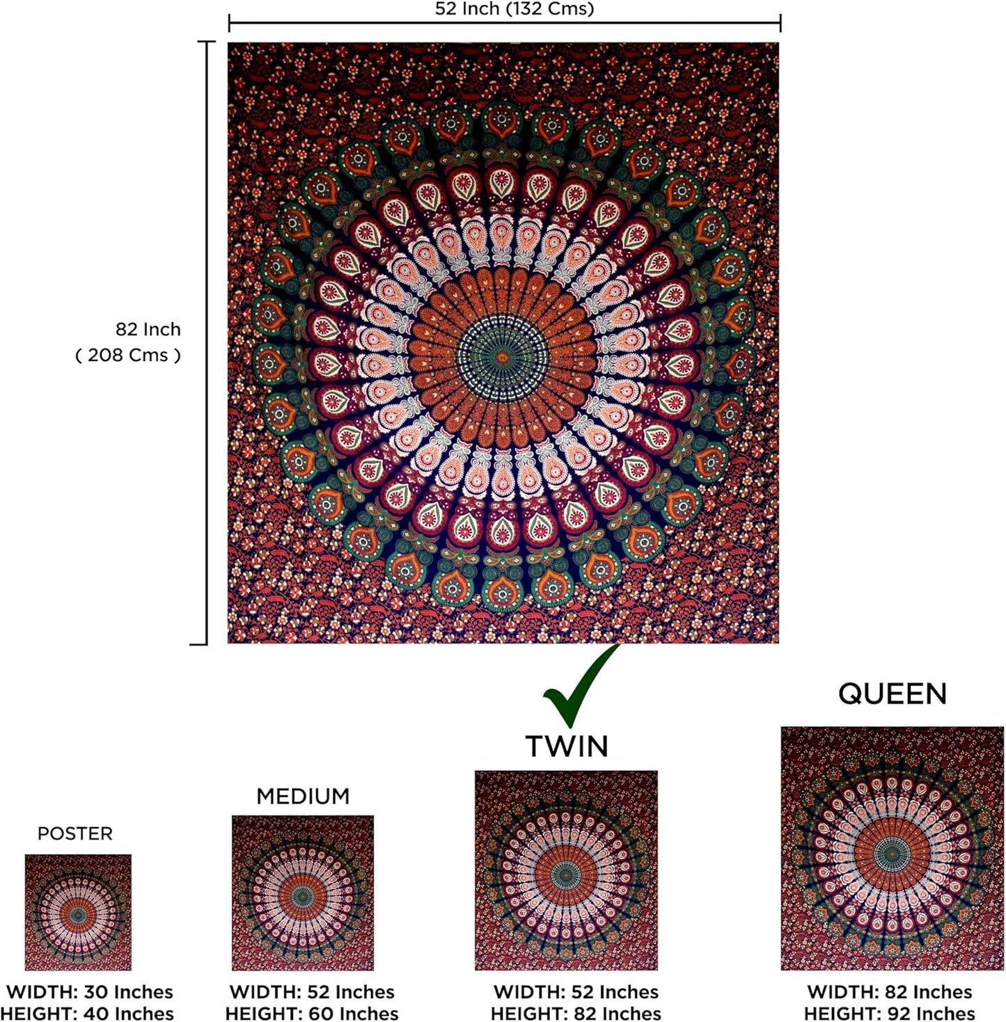 Raajsee Mandala Tapestry Wall Hanging – Blue Orange, 100% Cotton, Boho Hippie Decor, Twin Size (52x82 Inches / 132x208 cm) – Beach Throw, Bedspread, Meditation Yoga Mat