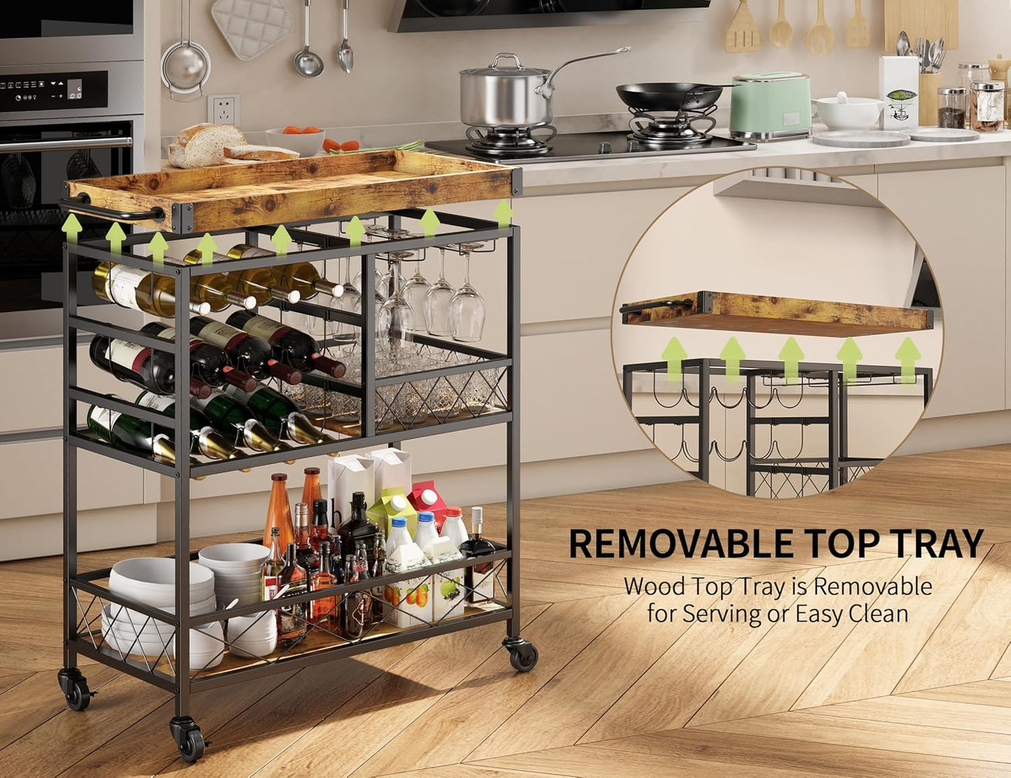 Gizoon Bar Cart, 3 Tier Coffee Cart with Lockable Wheels, 12-Bottle Wine Rack, and Hanging Glass Holder, Kitchen Rack with Removable Tray, for Kitchen, Dining Room, Entertaining, Club Party,Retro