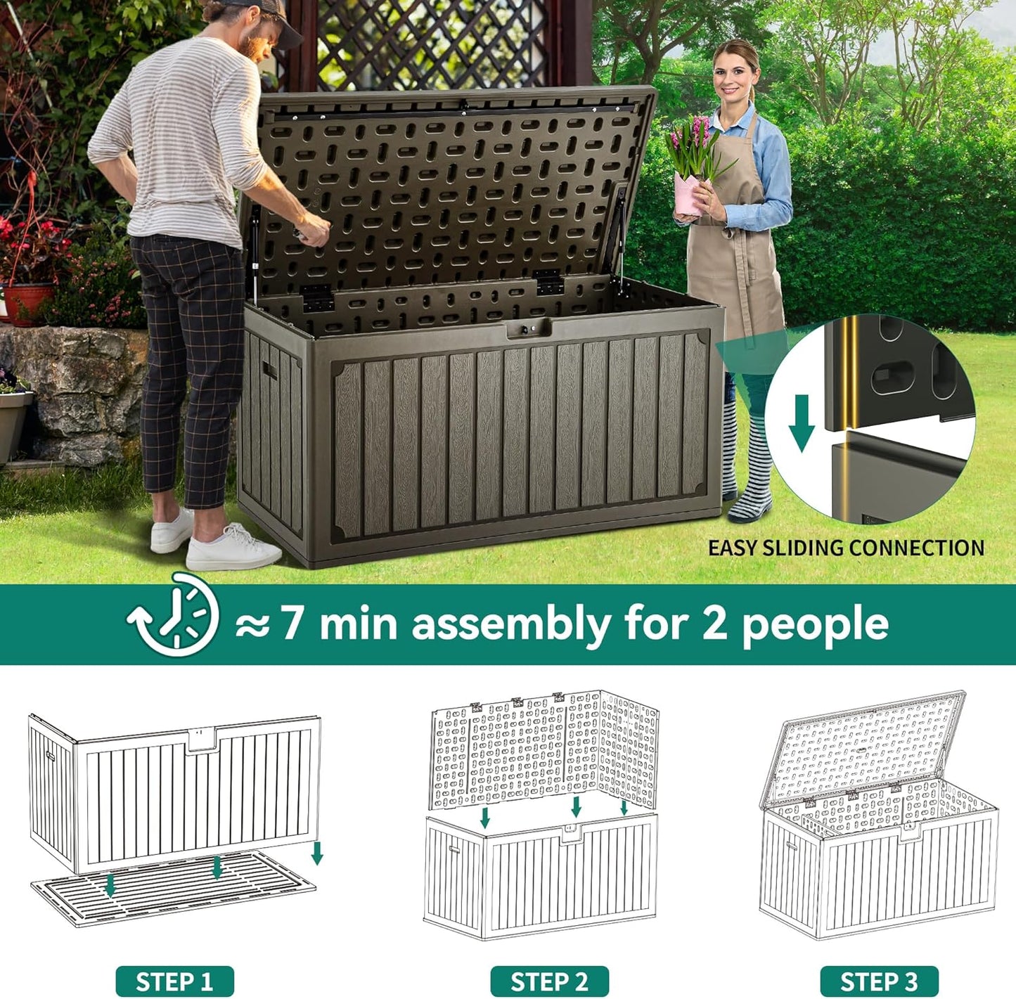 YITAHOME 90 Gallon Double-Wall Deck Box with Side Handles, Outdoor Large Storage for Patio Furniture Cushions, Garden Pool Accessories, Water Resistant & Lockable
