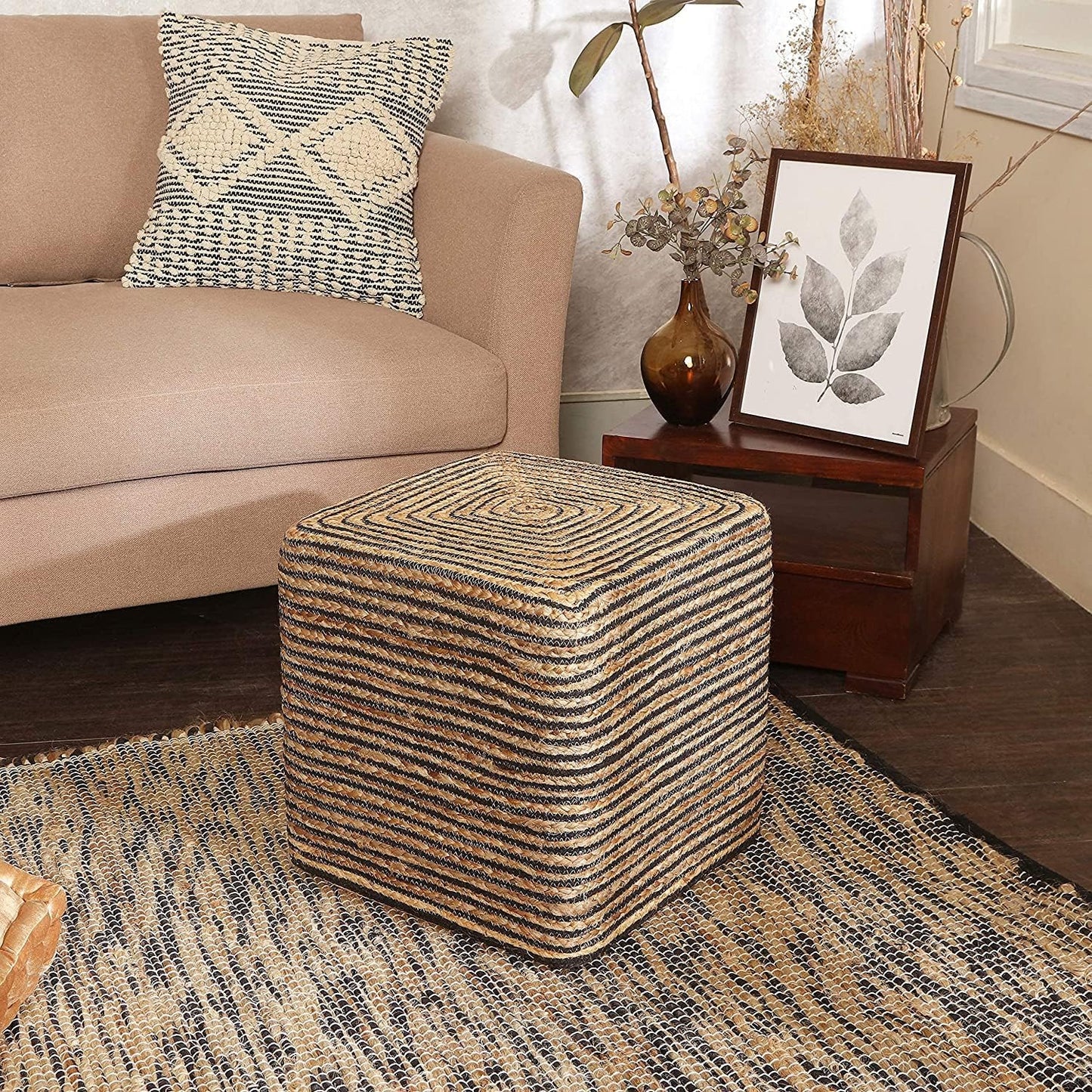 REDEARTH · Cube Pouf Foot Stool Ottoman - Jute Braided Pouffe Poof Accent Sitting Footrest for The Living Room, Bedroom, Nursery, Patio, Lounge 50% Jute 50% Cotton (14.5”x14.5”x16”; Natural Black)