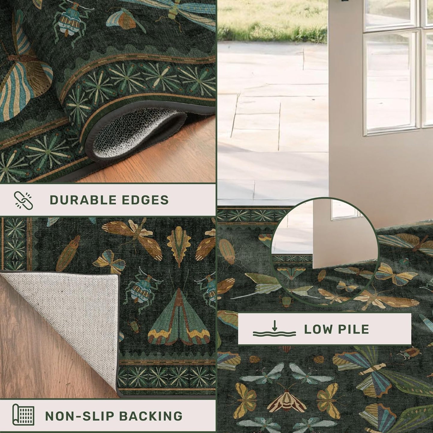 Green Area Rugs 5x7 for Living Room - Fairy Fantasy Moss Rugs for Dining Room Table, Bedroom, Whimsical Insect Boho Moth Décor, Washable Non Skid Soft Carpet