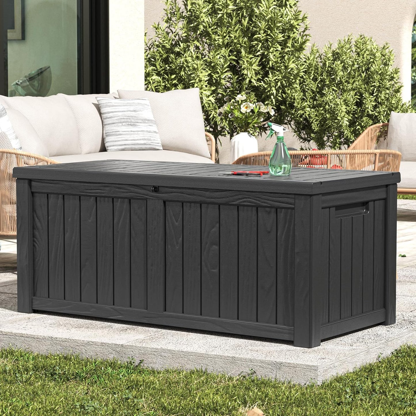 Deck Box, 120 Gallon Outdoor Storage Box Lockable Patio Waterproof for Furniture, Garden Tools, Sports Equipment and Pool Supplies, Waterproof, Resin, Lockable