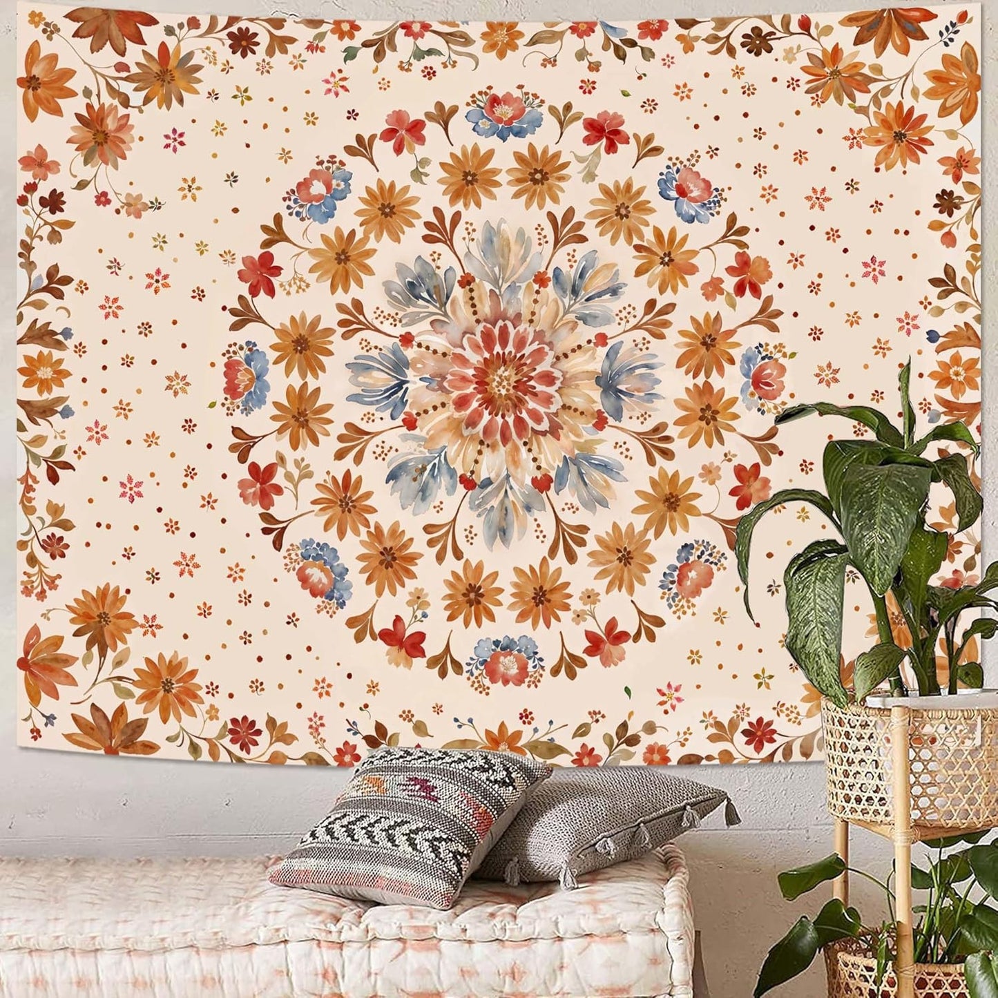 Fowocu Boho Floral Mandala Tapestry Wall Hanging Watercolor Bohemian Flower Medallion Tapestry Aesthetic Beige Orange Hippie Indian Small Tapestries for Bedroom Living Room Dorm Decor 60 x 44 Inch