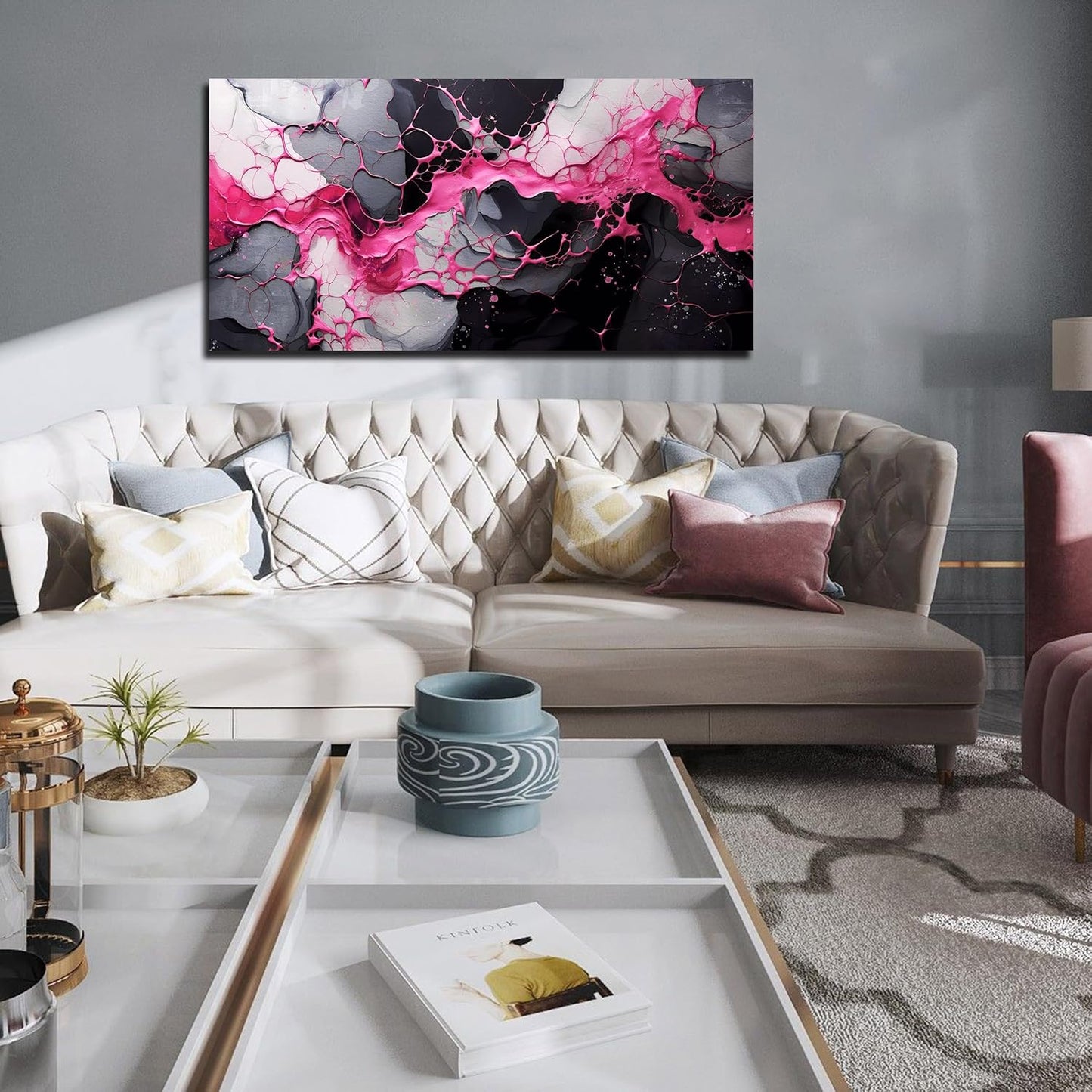 GUGIKA Abstract Wall Art for Living Room, Pink Canvas Wall Decor for Girls Bedroom Decor, Pigment Texture Print, Size 29x59 Inches