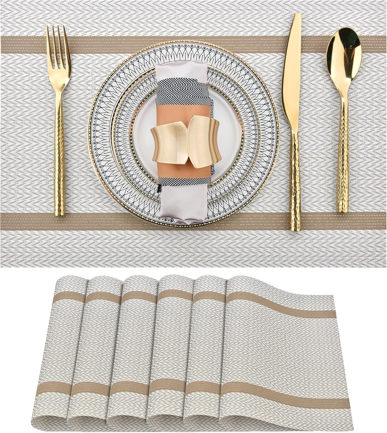 Beige White Placemats Set of 6 - Easy Clean Modern Durable Washable Vinyl Place Mats - Heat Resistant Placemats for Kitchen Table - PVC Table Mats for Dining Table (Beige White with Stripes, 6)