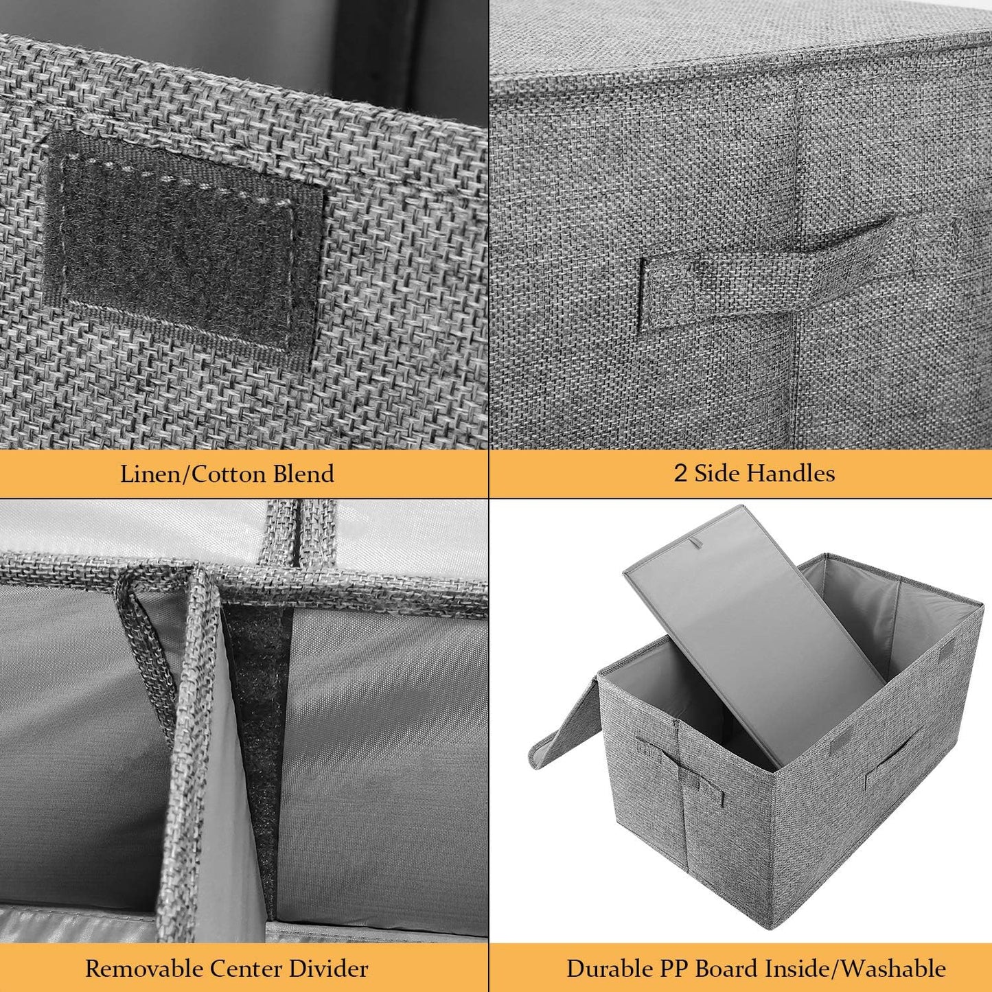 2 Pack Storage Boxes with Lids and Handles, Collapsible Linen Storage Bins Organizer Containers Baskets Cube with Removable Divider for Home Bedroom Closet Office (Coffee, Small)