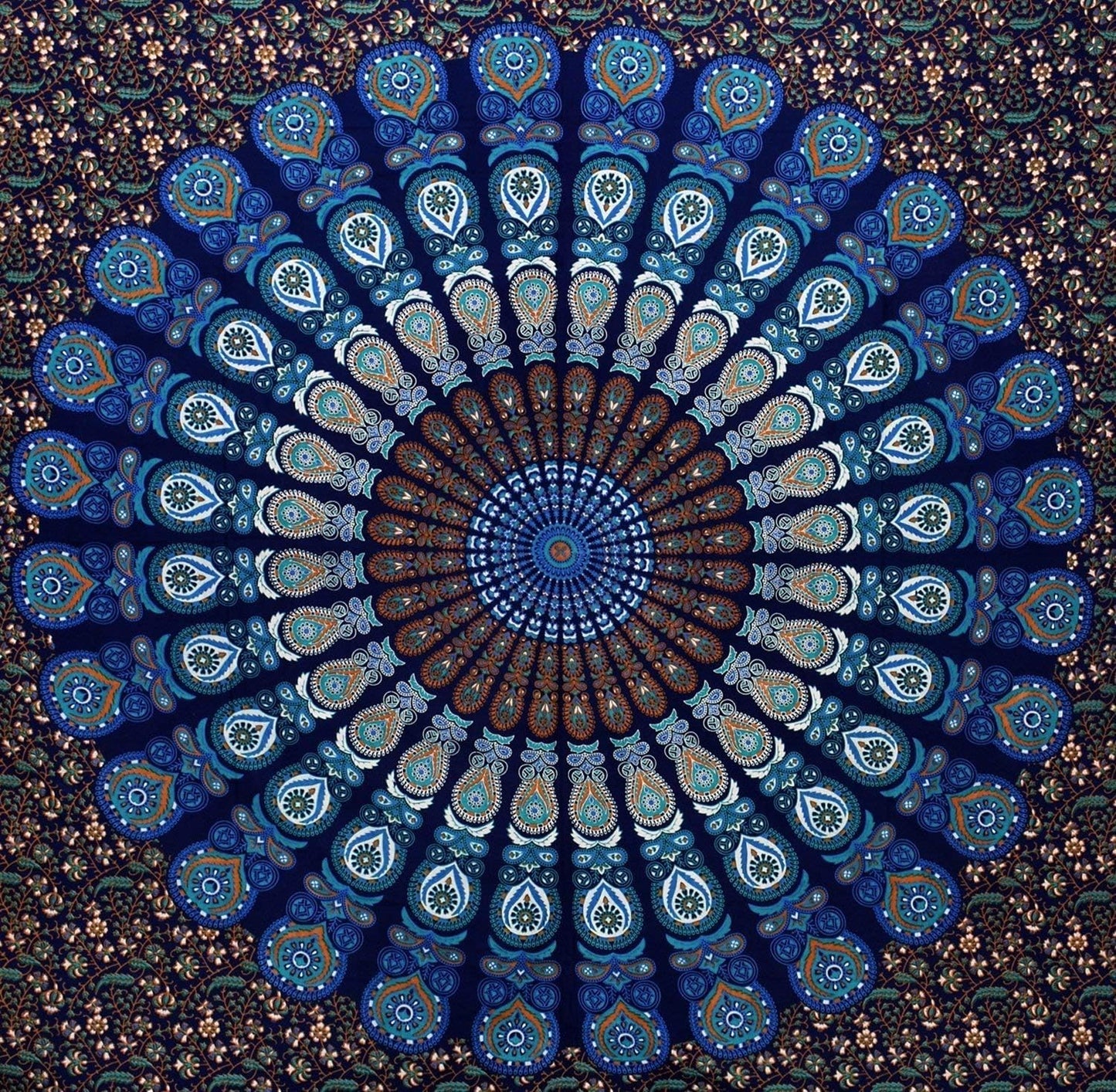 Bless International Handmade Indian hippie Bohemian Psychedelic Peacock Mandala Wall hanging College Dorm Beach Throws Table Cloth Bedding Tapestry (Blue Green, Twin(54x72Inches)(140x185cms))