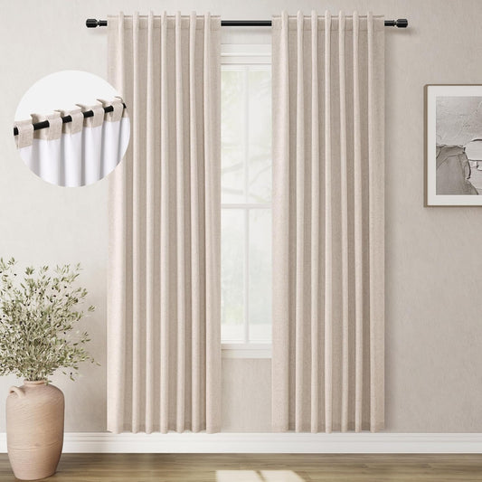 BOODII Oatmeal Linen Black Out Curtains 80 Inch Long 2 Panels Set for Bedroom Light Blocking Curtains Greige with 100% Blackout Backing Warm Taupe Thermal Insulated Room Darkening Nursery Curtain