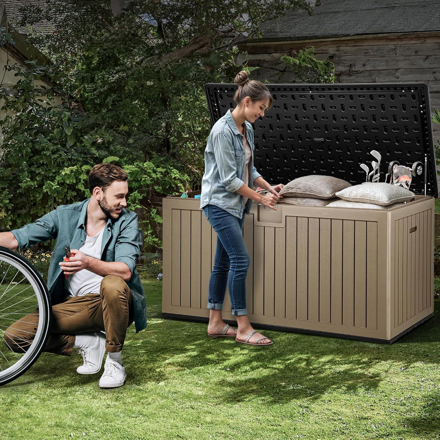 YITAHOME 230 Gallon Double-Wall Deck Box with Divider & Side Handles, Outdoor Large Storage for Patio Furniture Cushions, Garden Pool Accessories, Water Resistant & Lockable