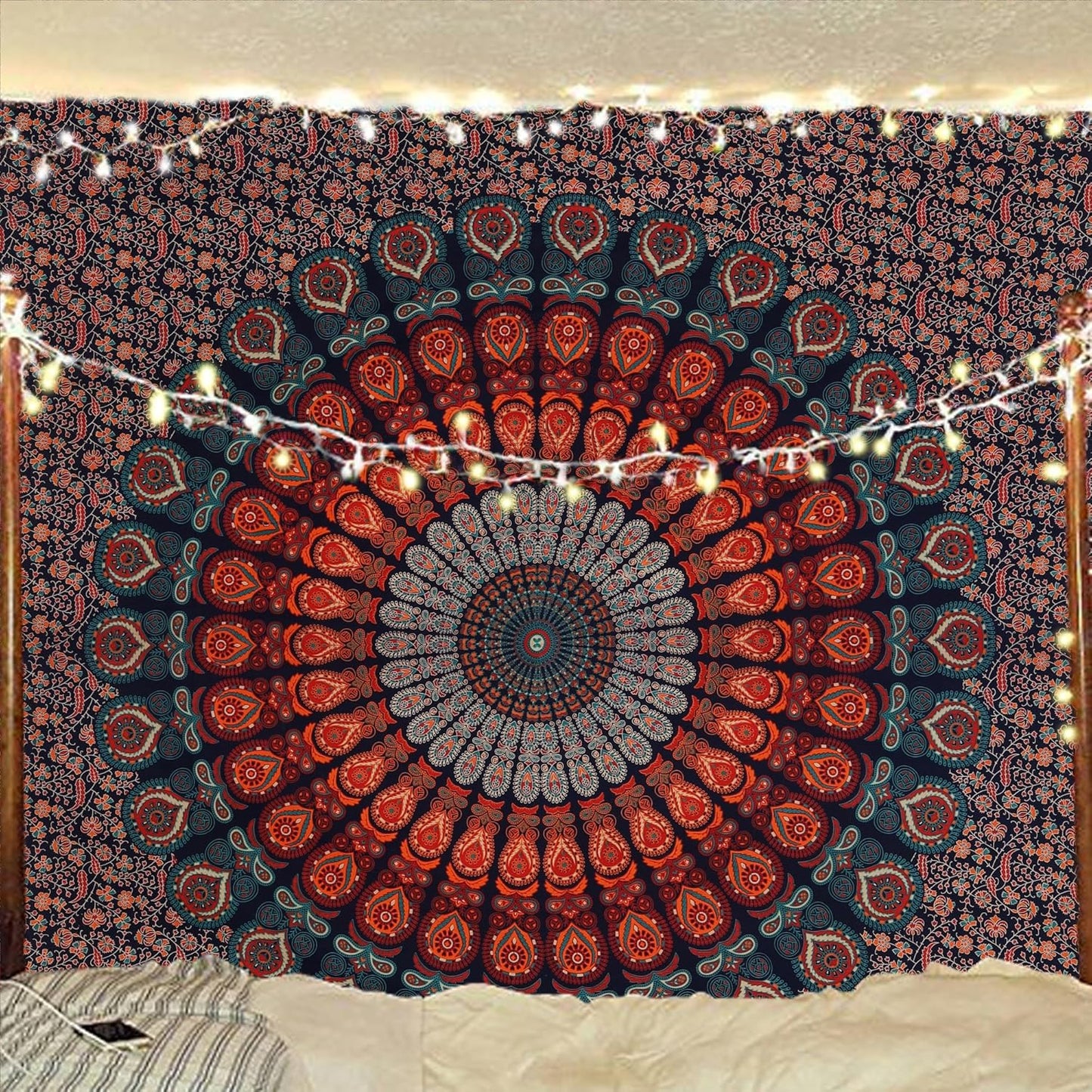 Bless International Handmade Indian hippie Bohemian Psychedelic Peacock Mandala Wall hanging College Dorm Beach Throws Table Cloth Bedding Tapestry (Golden Blue, King(88x104Inches)(225x265Cms))